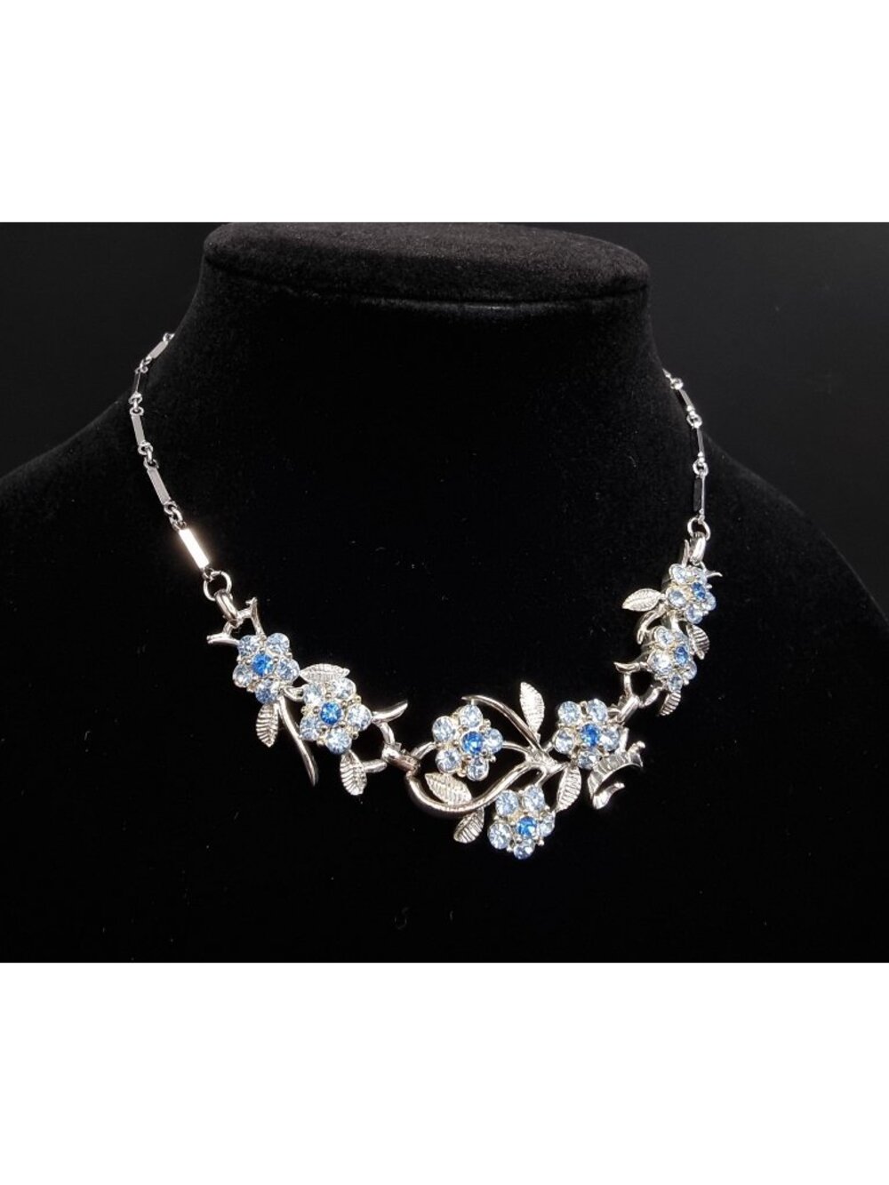 Vintage 1960's Coro Signed Silver-Tone Floral Necklace W/ Blue Rhinestones